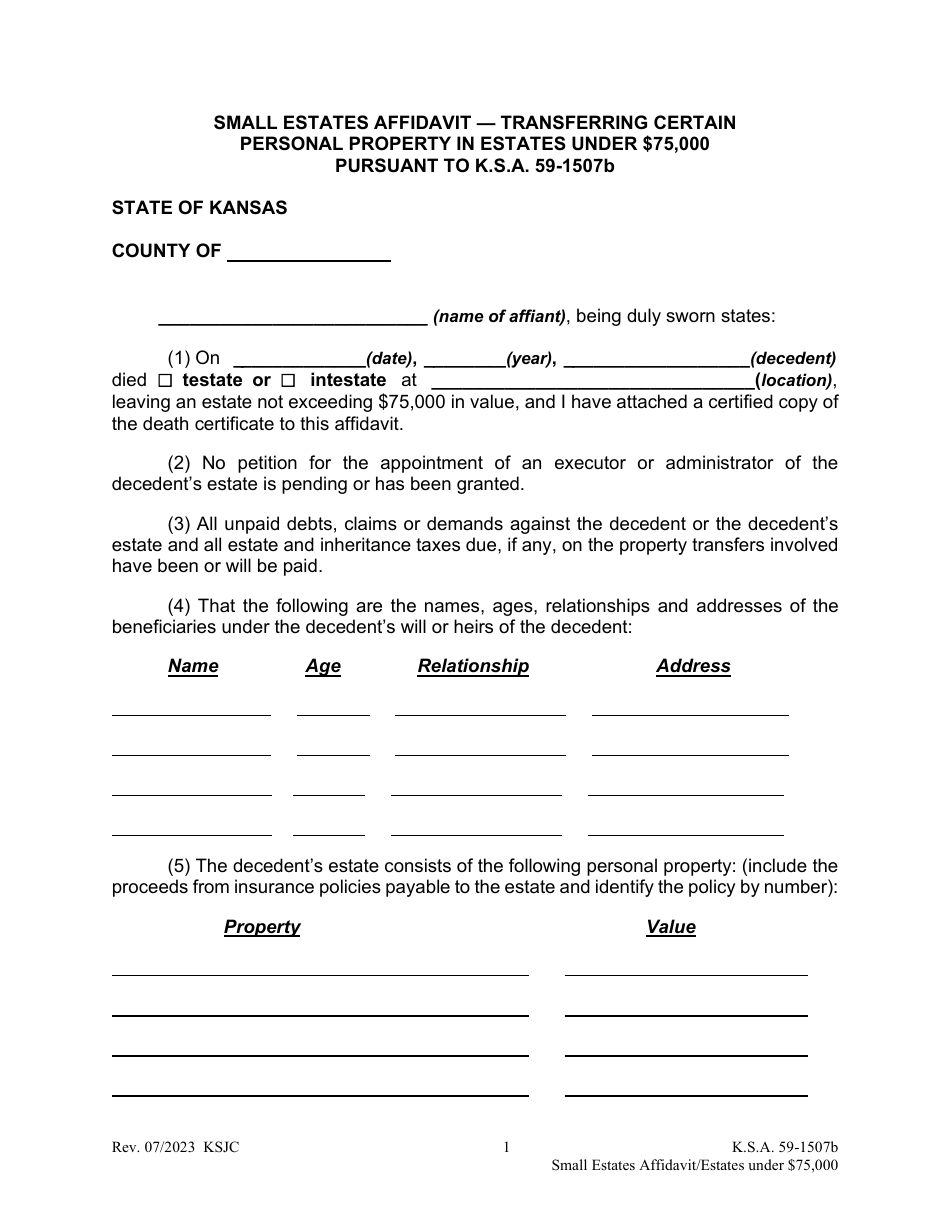 Small Estates Affidavit - Transferring Certain Personal Property in Estates Under 75,000 Pursuant to K.s.a. 59-1507b - Kansas, Page 1