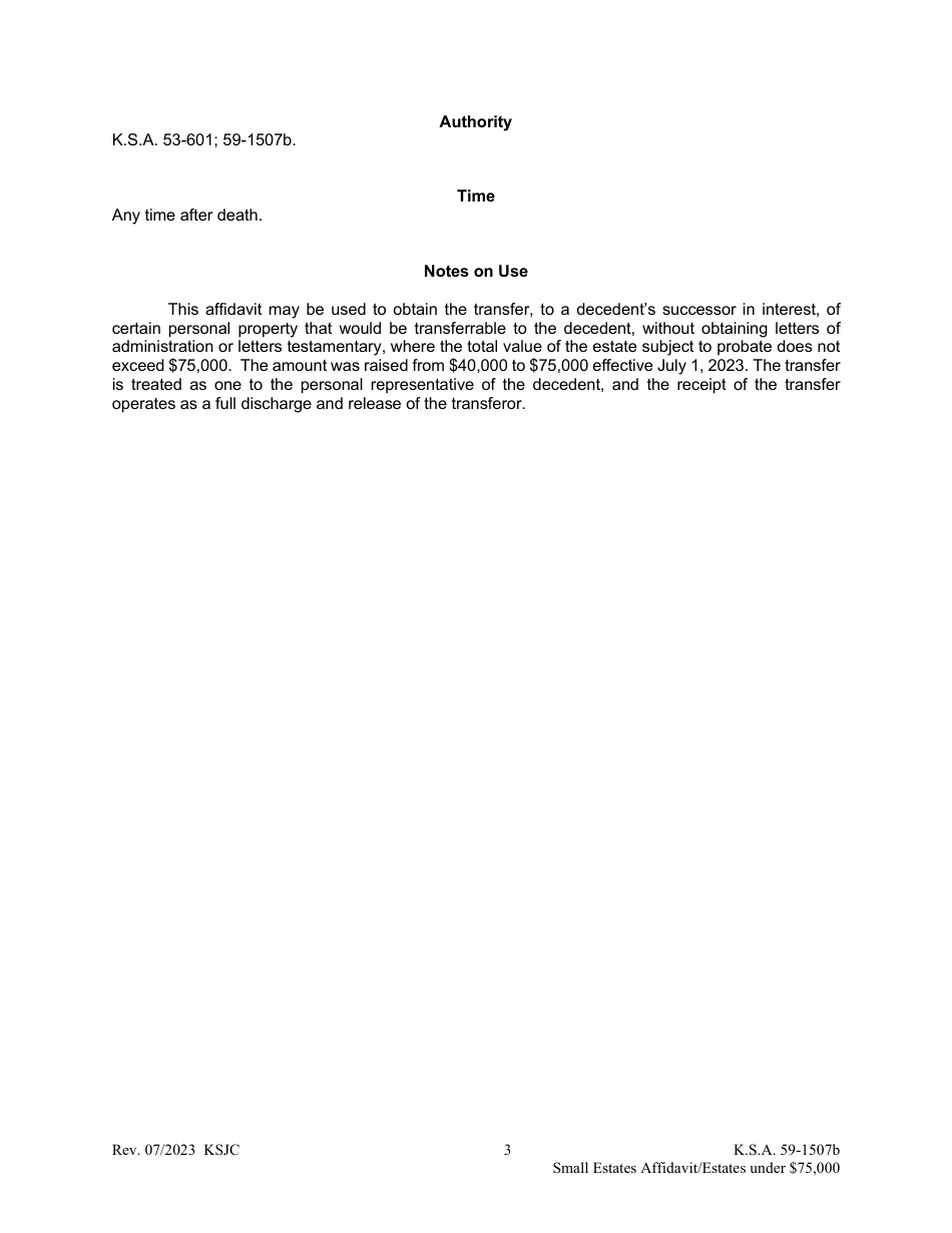 Small Estates Affidavit - Transferring Certain Personal Property in Estates Under 75,000 Pursuant to K.s.a. 59-1507b - Kansas, Page 3