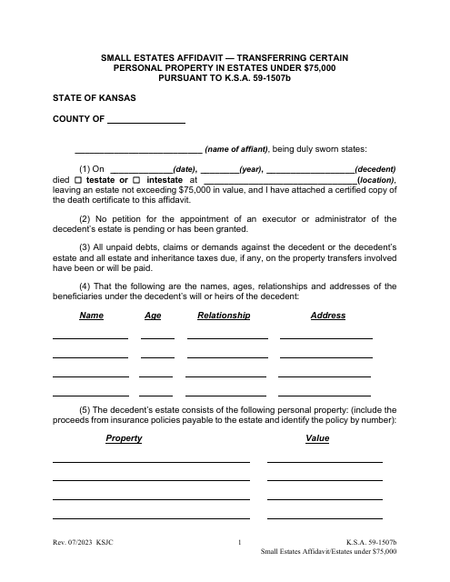 Small Estates Affidavit - Transferring Certain Personal Property in Estates Under 75,000 Pursuant to K.s.a. 59-1507b - Kansas Download Pdf