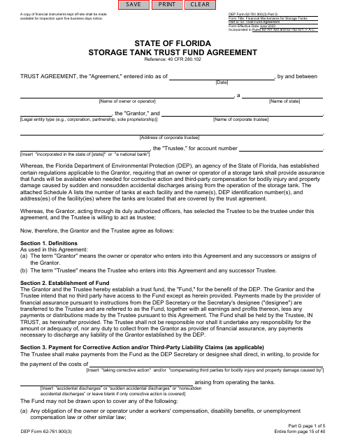 DEP Form 62-761.900(3) Part G Storage Tank Trust Fund Agreement - Florida