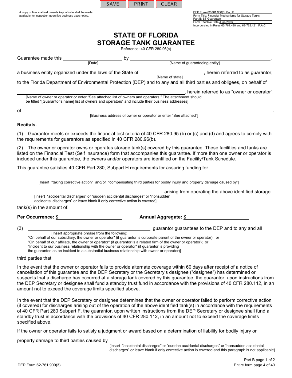 DEP Form 62-761.900(3) Part B Storage Tank Guarantee - Florida, Page 1