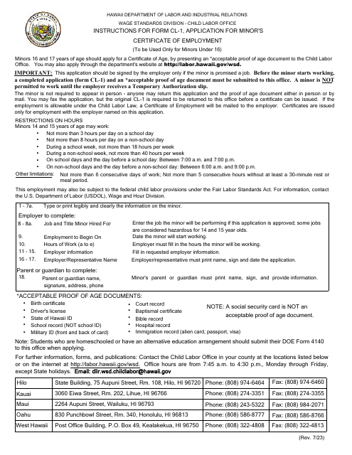 Form CL-1 Application for Minor's Certificate of Employment - Hawaii