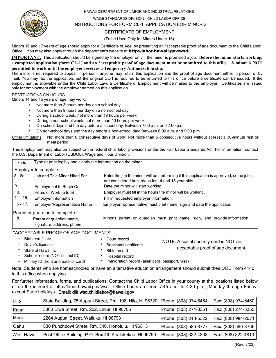 Form CL-1 Application for Minors Certificate of Employment - Hawaii, Page 1