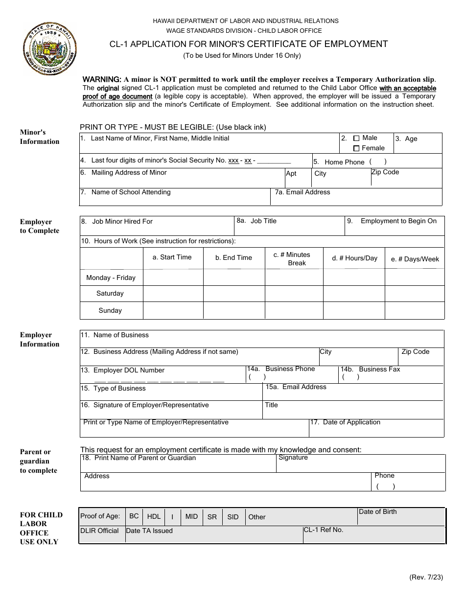 Form CL-1 Application for Minors Certificate of Employment - Hawaii, Page 2
