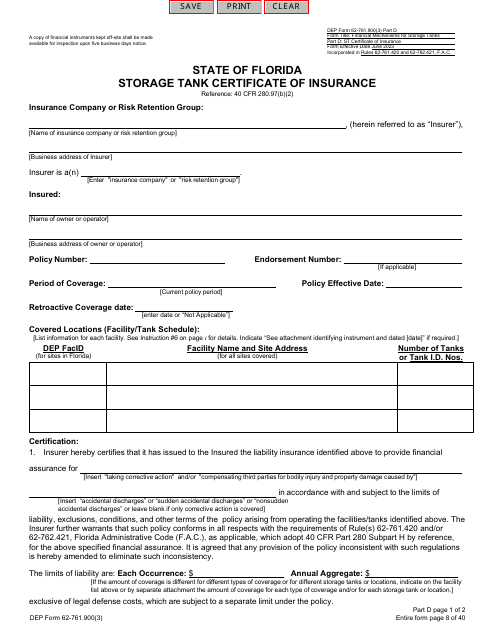 DEP Form 62-761.900(3) Part D Storage Tank Certificate of Insurance - Florida