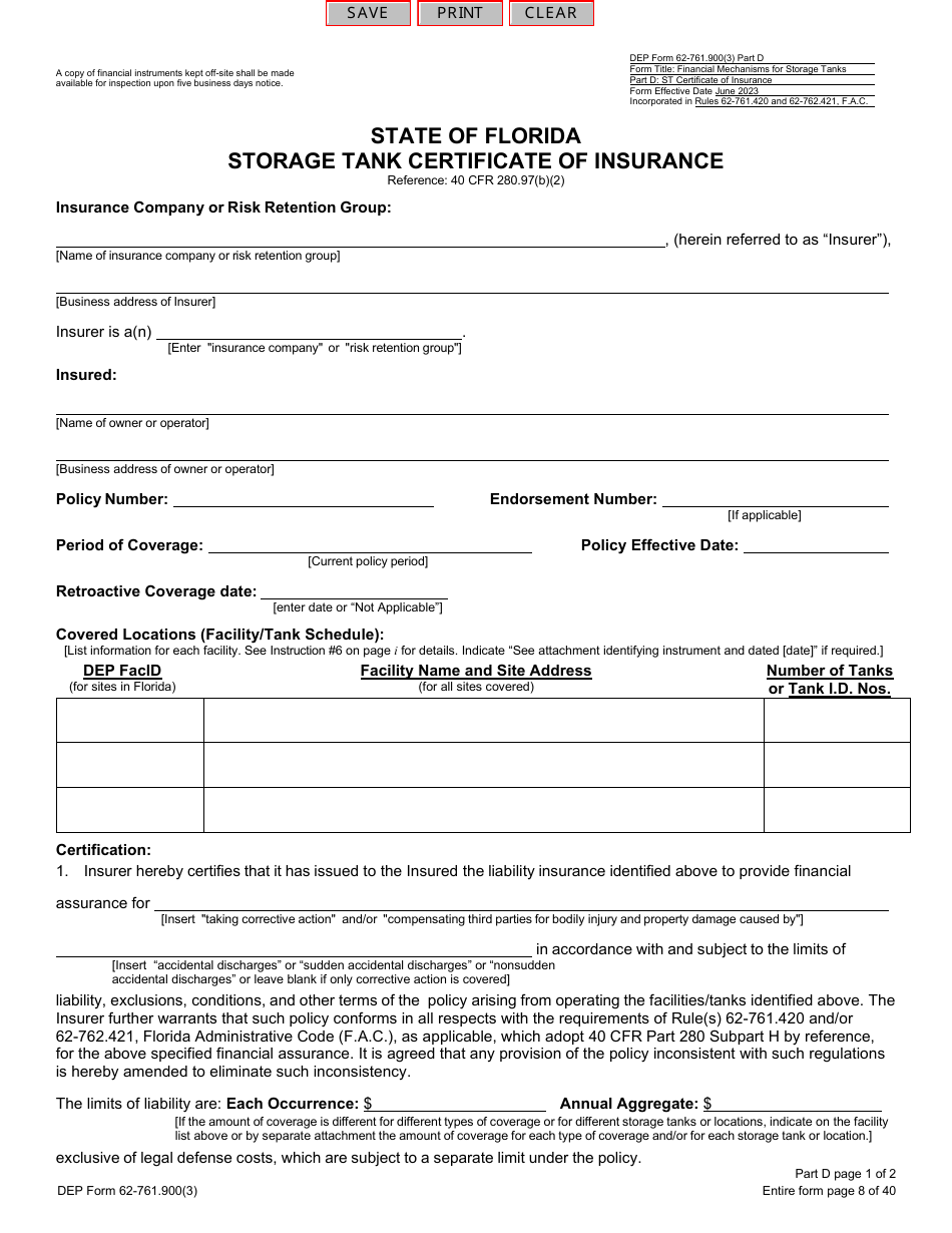 DEP Form 62-761.900(3) Part D Storage Tank Certificate of Insurance - Florida, Page 1