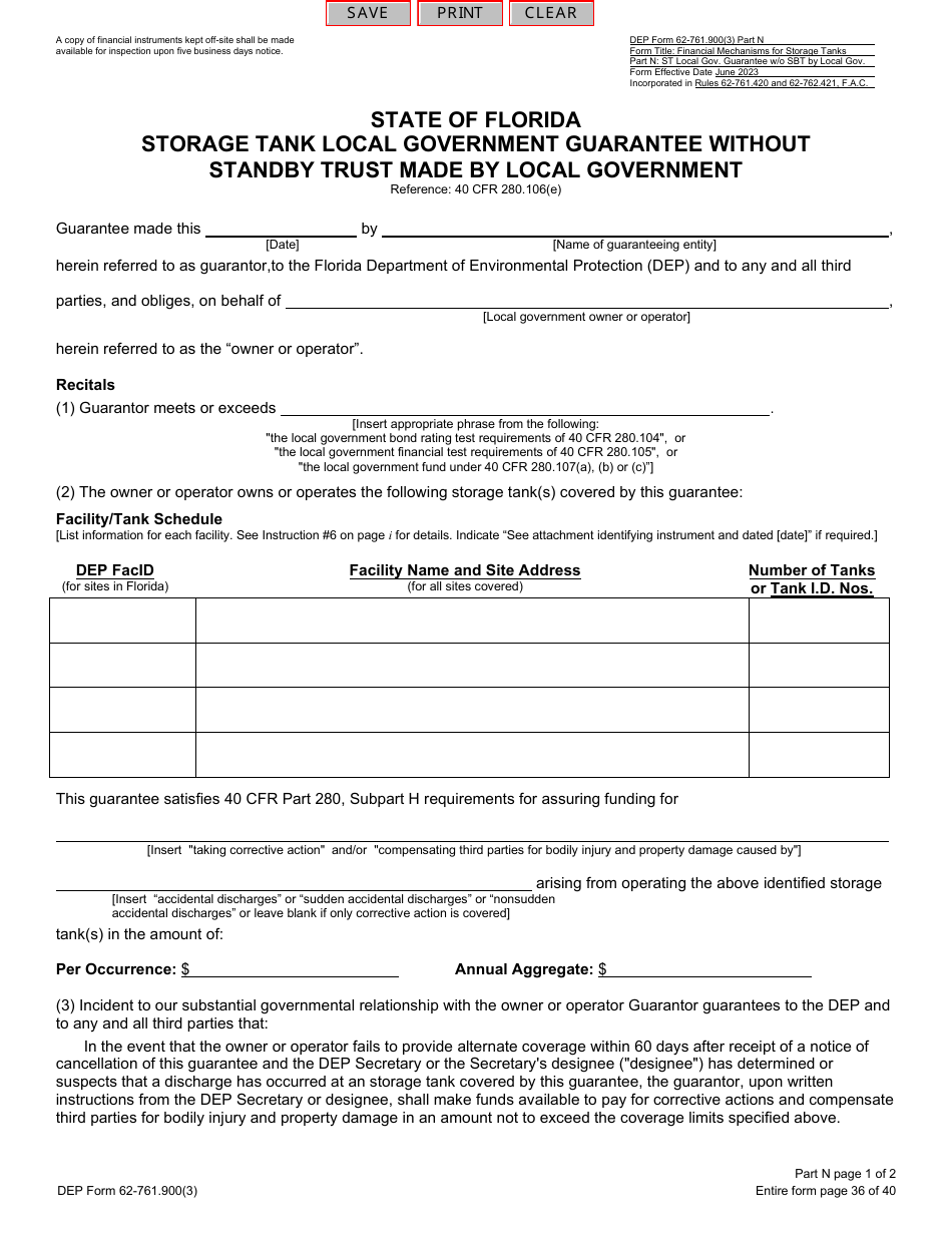DEP Form 62-761.900(3) Part N Storage Tank Local Government Guarantee Without Standby Trust Made by Local Government - Florida, Page 1