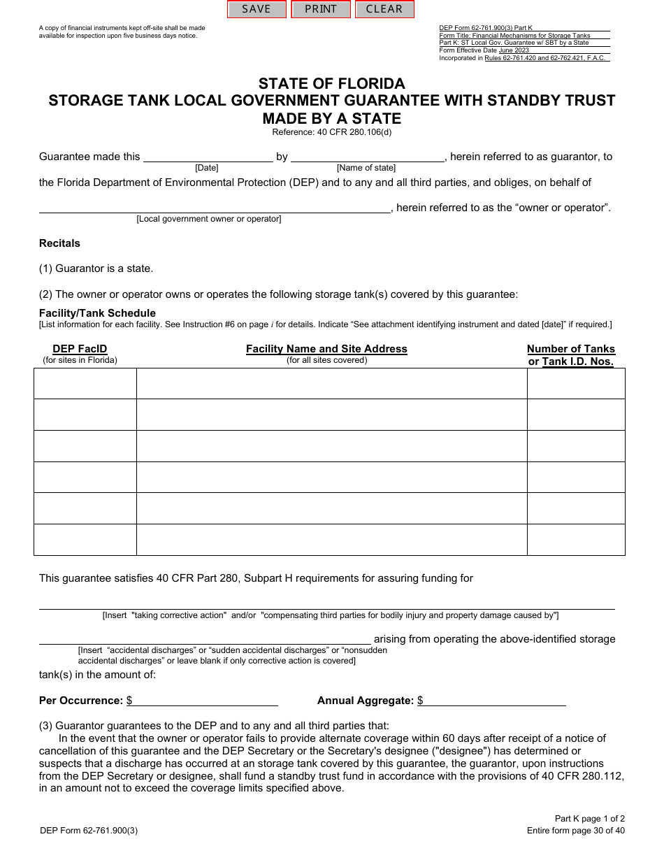 DEP Form 62-761.900(3) Part K Storage Tank Local Government Guarantee With Standby Trust Made by a State - Florida, Page 1