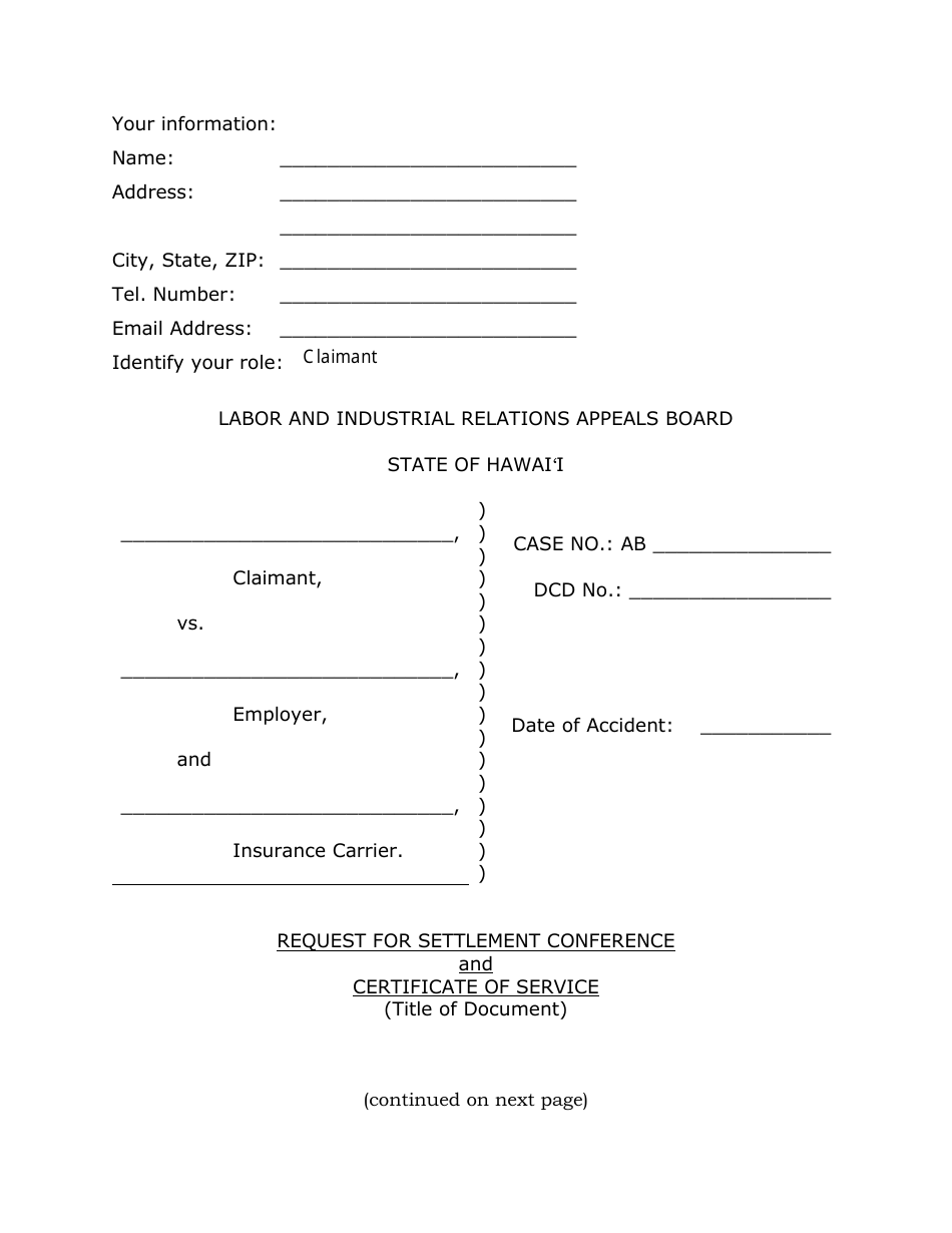 Request for Settlement Conference and Certificate of Service - Hawaii, Page 1