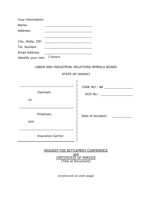 Request for Settlement Conference and Certificate of Service - Hawaii Download Pdf