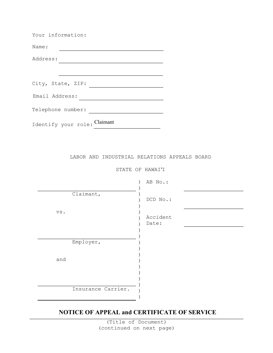 Hawaii Notice of Appeal and Certificate of Service Fill Out Sign