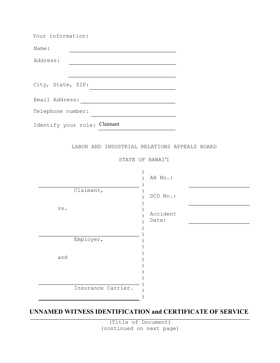 Unnamed Witness Identification and Certificate of Service - Hawaii, Page 1
