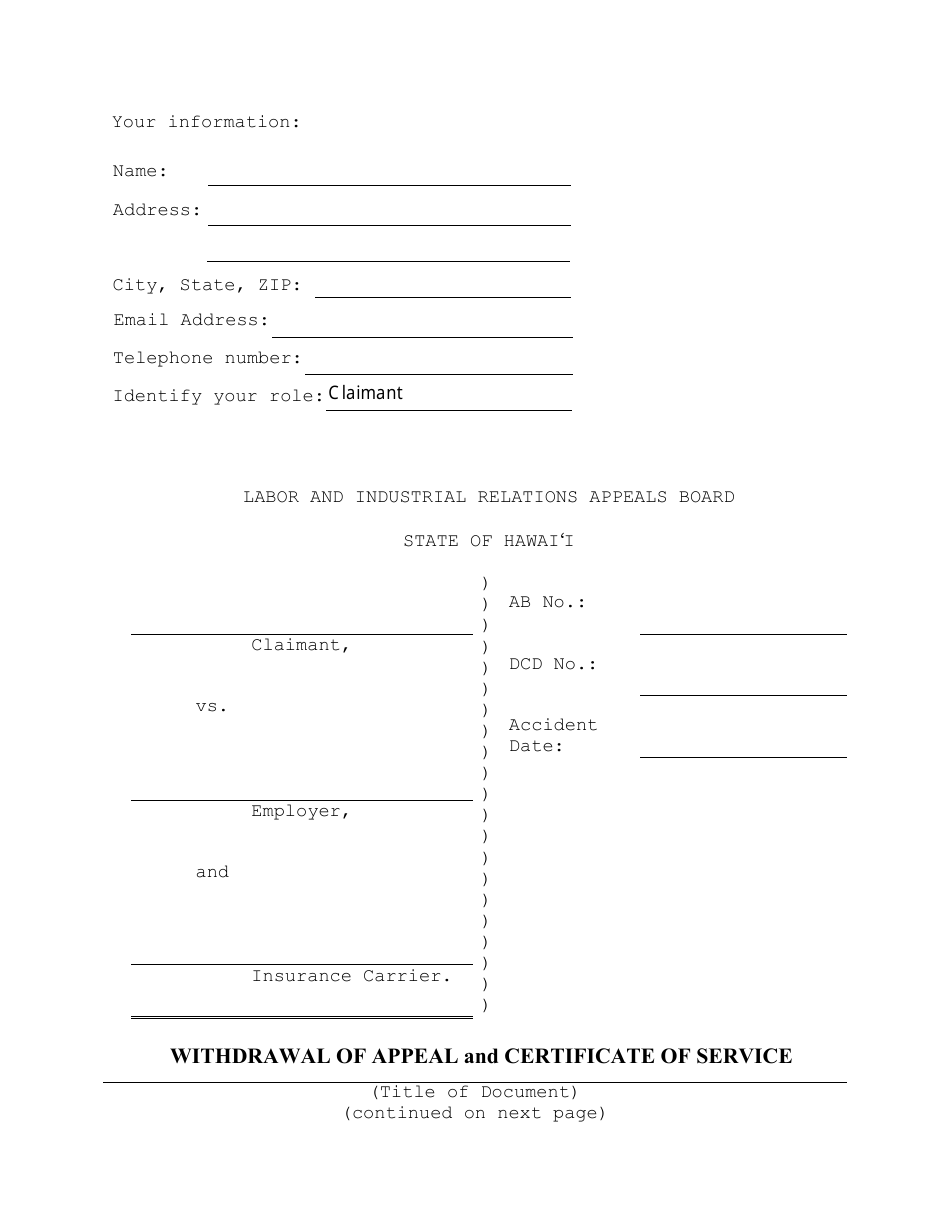 Withdrawal of Appeal and Certificate of Service - Hawaii, Page 1