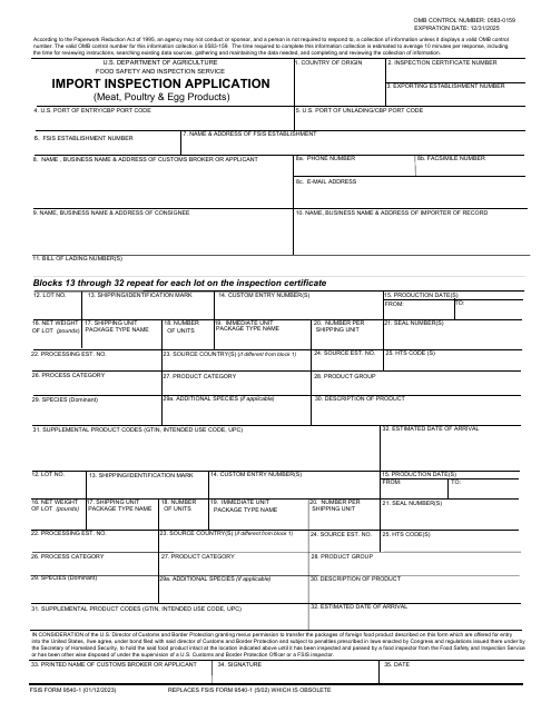 FSIS Form 9540-1 Import Inspection Application (Meat, Poultry & Egg Products)