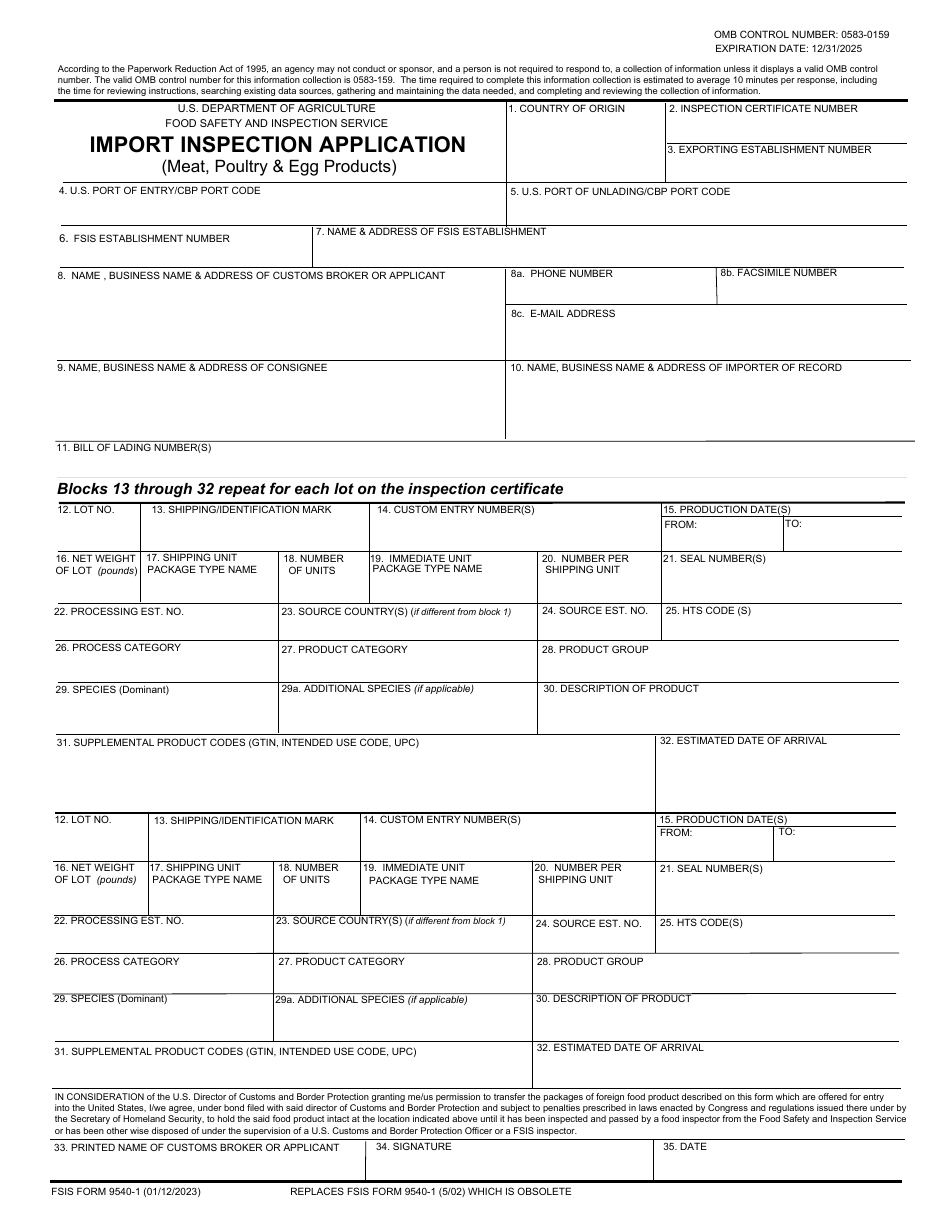 FSIS Form 9540-1 Import Inspection Application (Meat, Poultry  Egg Products), Page 1