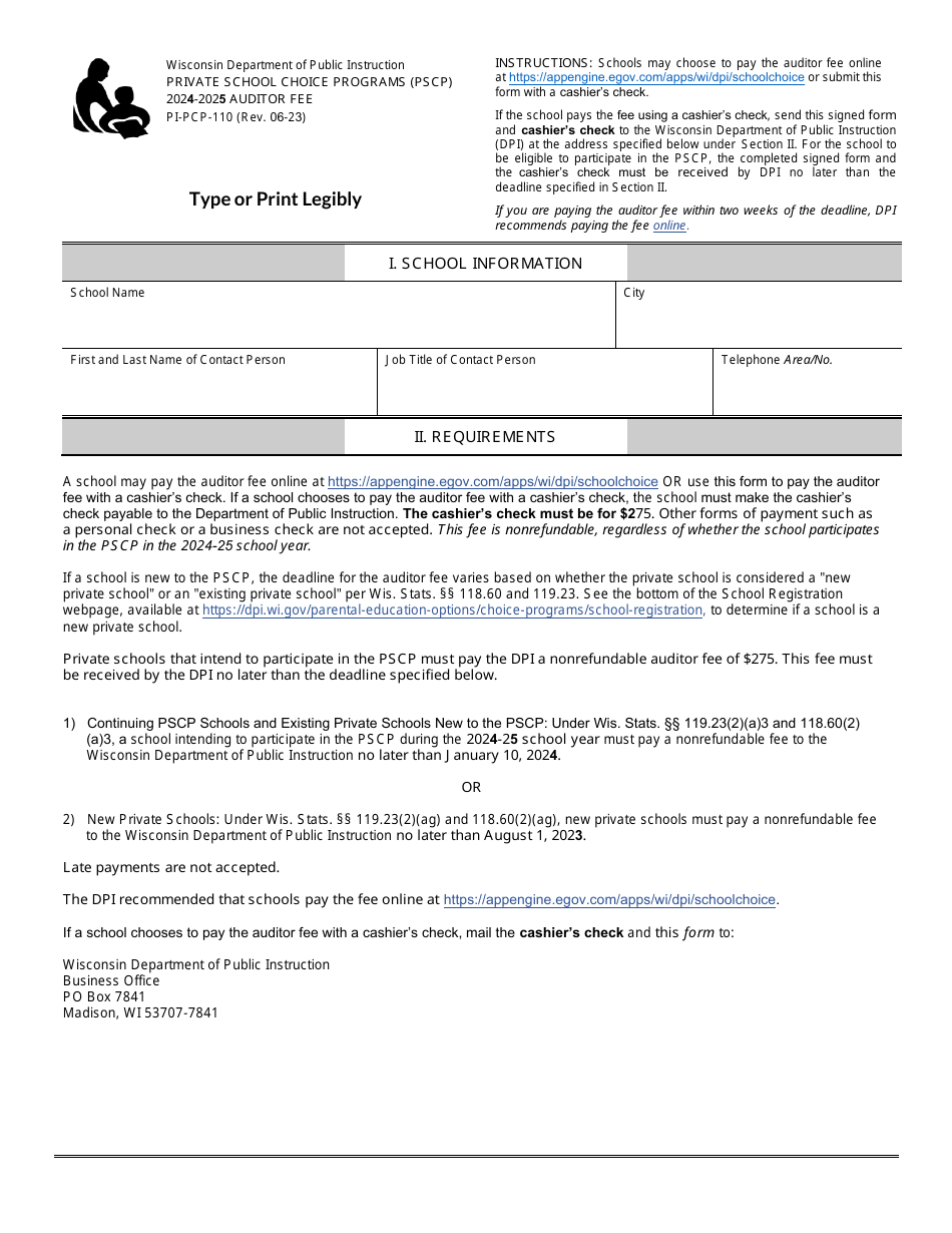 Form PI-PCP-110 Private School Choice Programs (Pscp) Auditor Fee - Wisconsin, Page 1