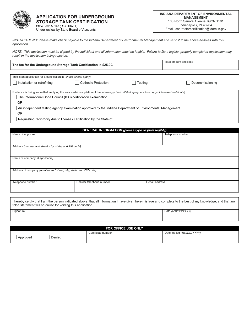 State Form 53148 Application for Underground Storage Tank Certification - Indiana, Page 1