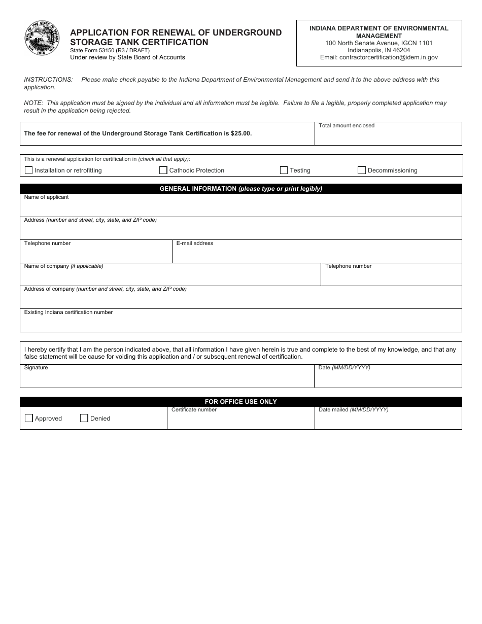 State Form 53150 Application for Renewal of Underground Storage Tank Certification - Indiana, Page 1