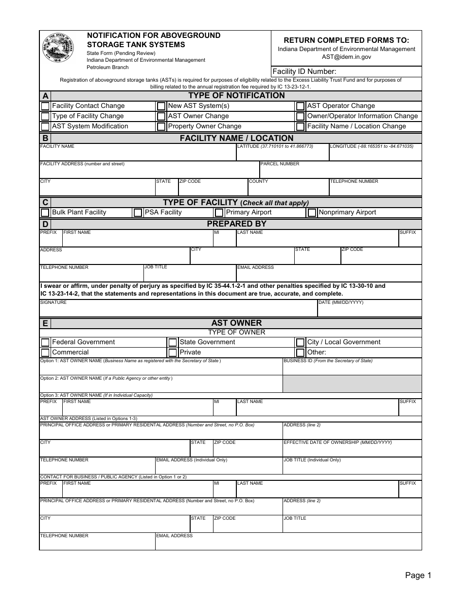 Notification for Aboveground Storage Tank Systems - Indiana, Page 1