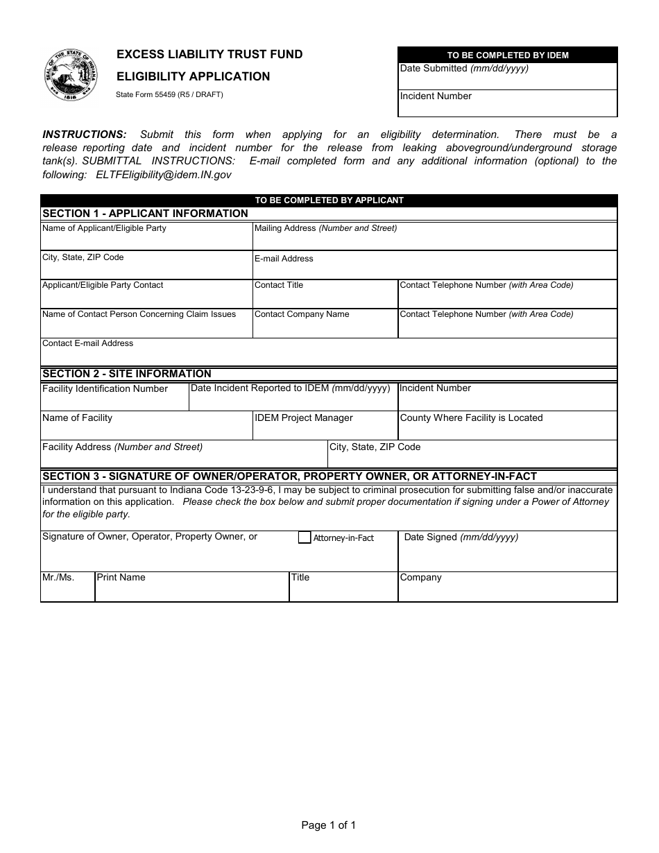 State Form 55459 Excess Liability Trust Fund Eligibility Application - Indiana, Page 1