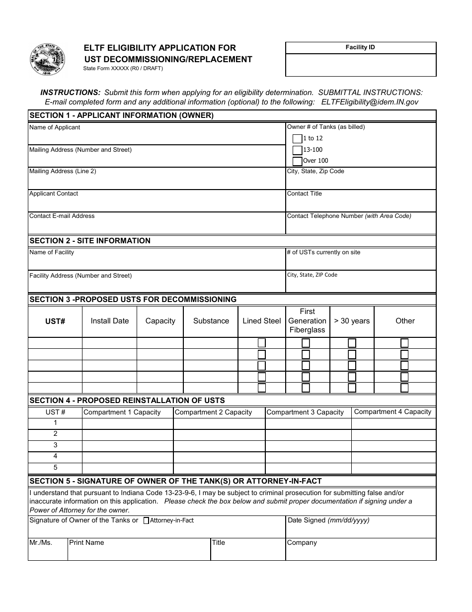 Indiana Eltf Eligibility Application for Ust Decommissioning ...