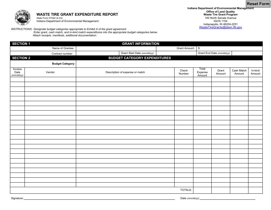 State Form 57242 Waste Tire Grant Expenditure Report - Indiana, Page 1