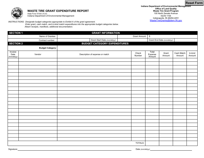 State Form 57242 Waste Tire Grant Expenditure Report - Indiana