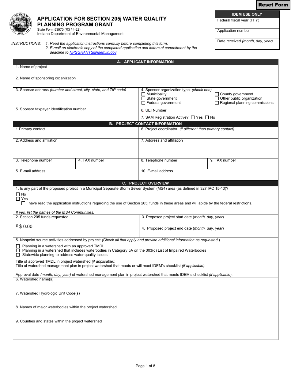 State Form 53970 Application for Section 205j Water Quality Planning Program Grant - Indiana, Page 1