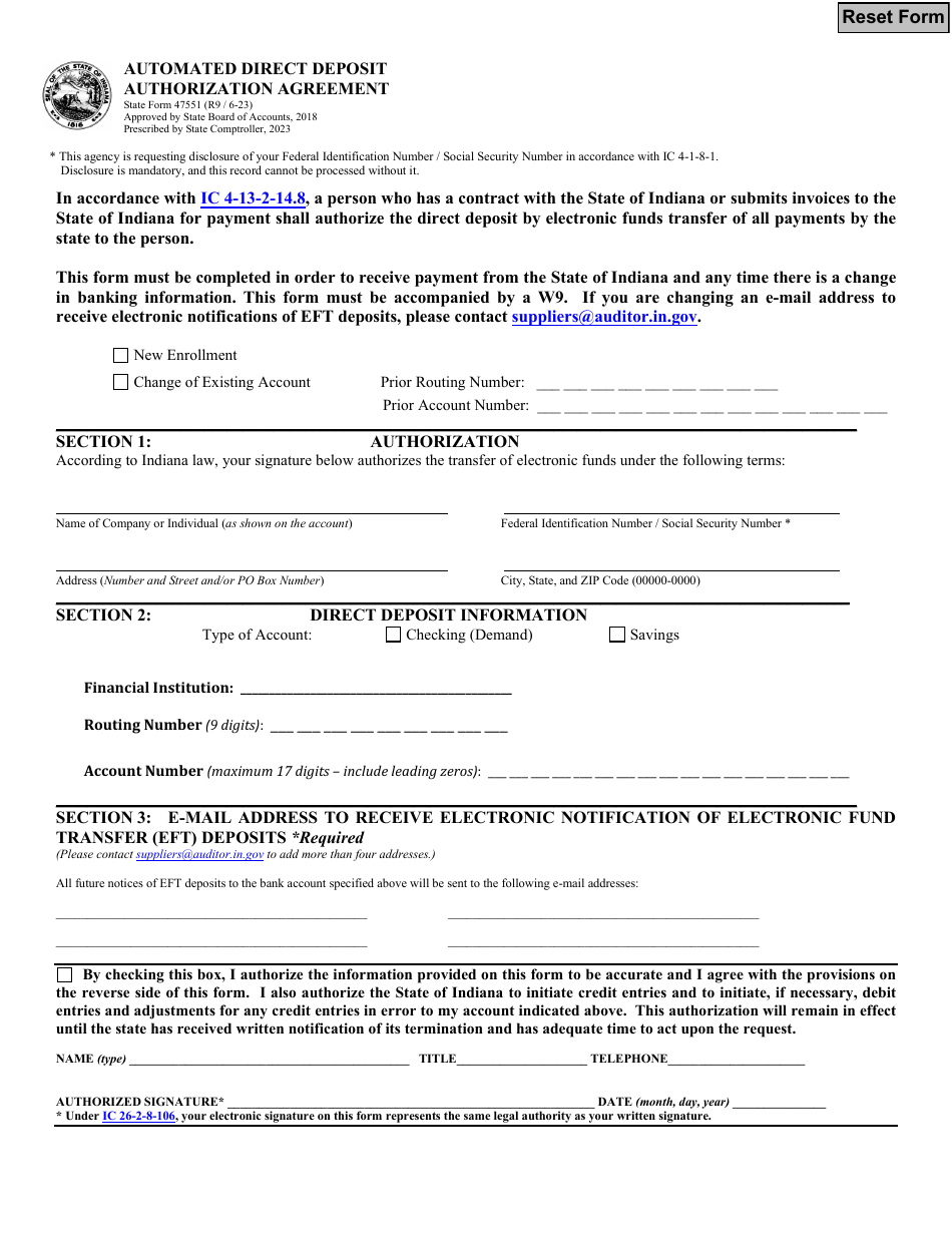 State Form 47551 Automated Direct Deposit Authorization Agreement - Indiana, Page 1