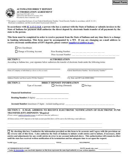 State Form 47551 Automated Direct Deposit Authorization Agreement - Indiana