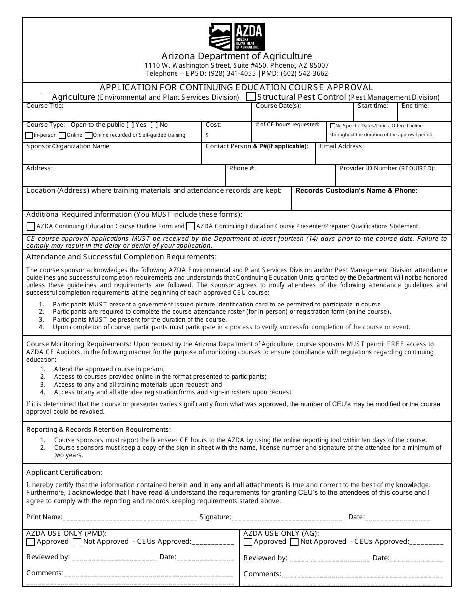 Application for Continuing Education Course Approval - Arizona, Page 1