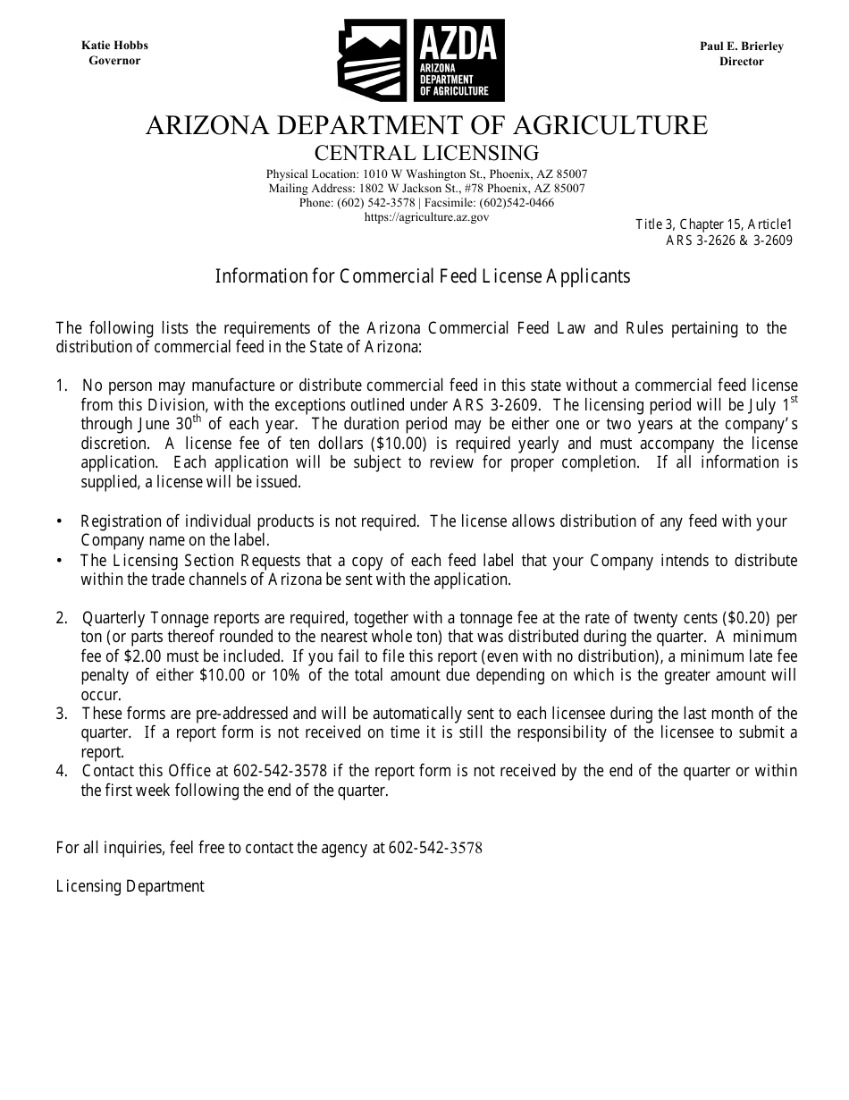 New - Commercial Feed License Application - Arizona, Page 1