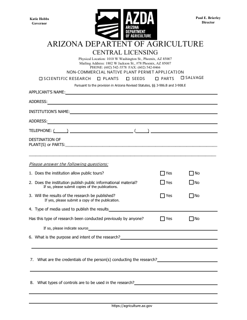 Non-commercial Native Plant Permit Application - Arizona