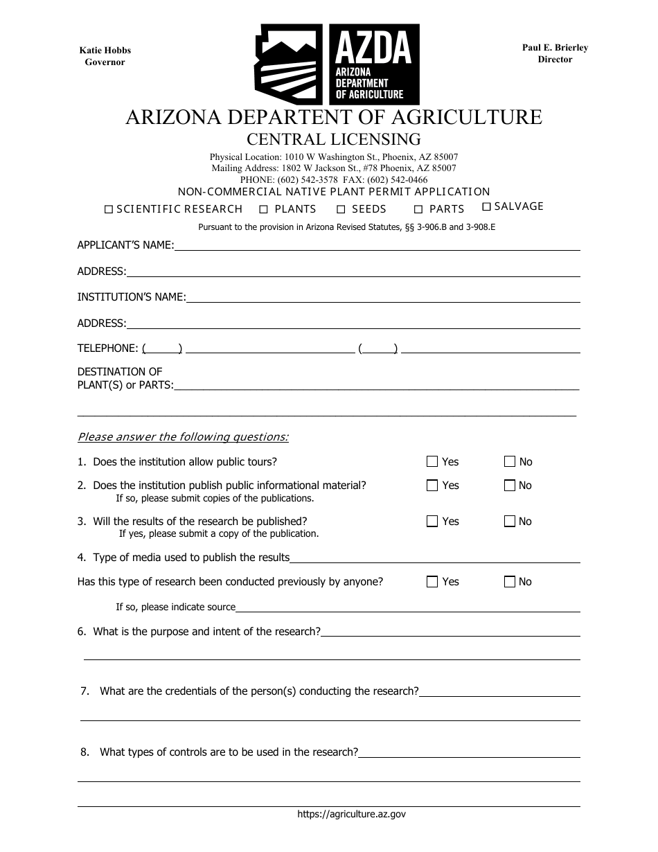 Non-commercial Native Plant Permit Application - Arizona, Page 1