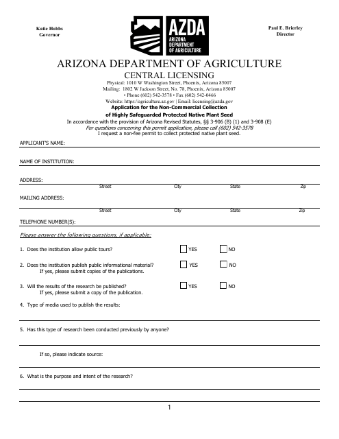 Application for the Non-commercial Collection of Highly Safeguarded Protected Native Plant Seed - Arizona Download Pdf