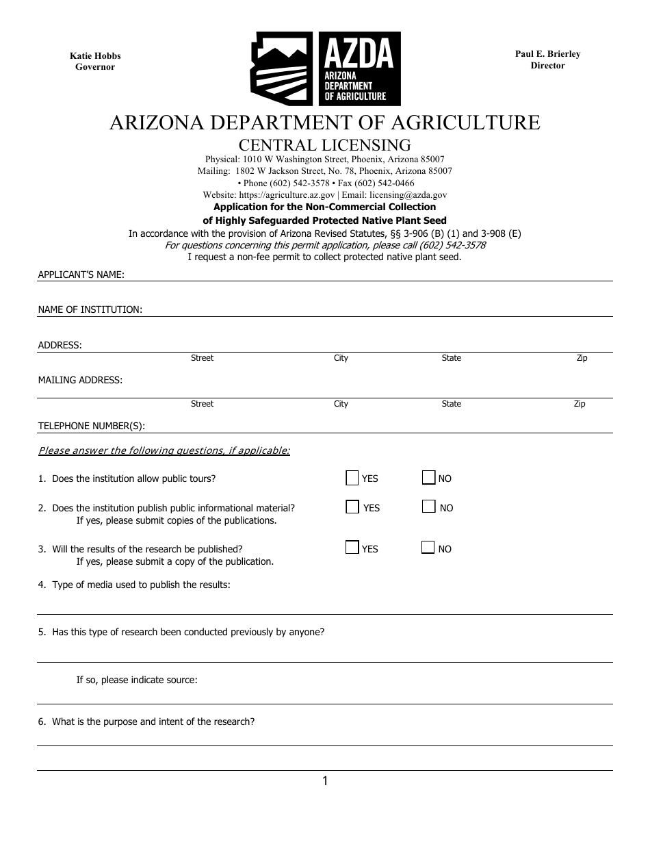 Application for the Non-commercial Collection of Highly Safeguarded Protected Native Plant Seed - Arizona, Page 1