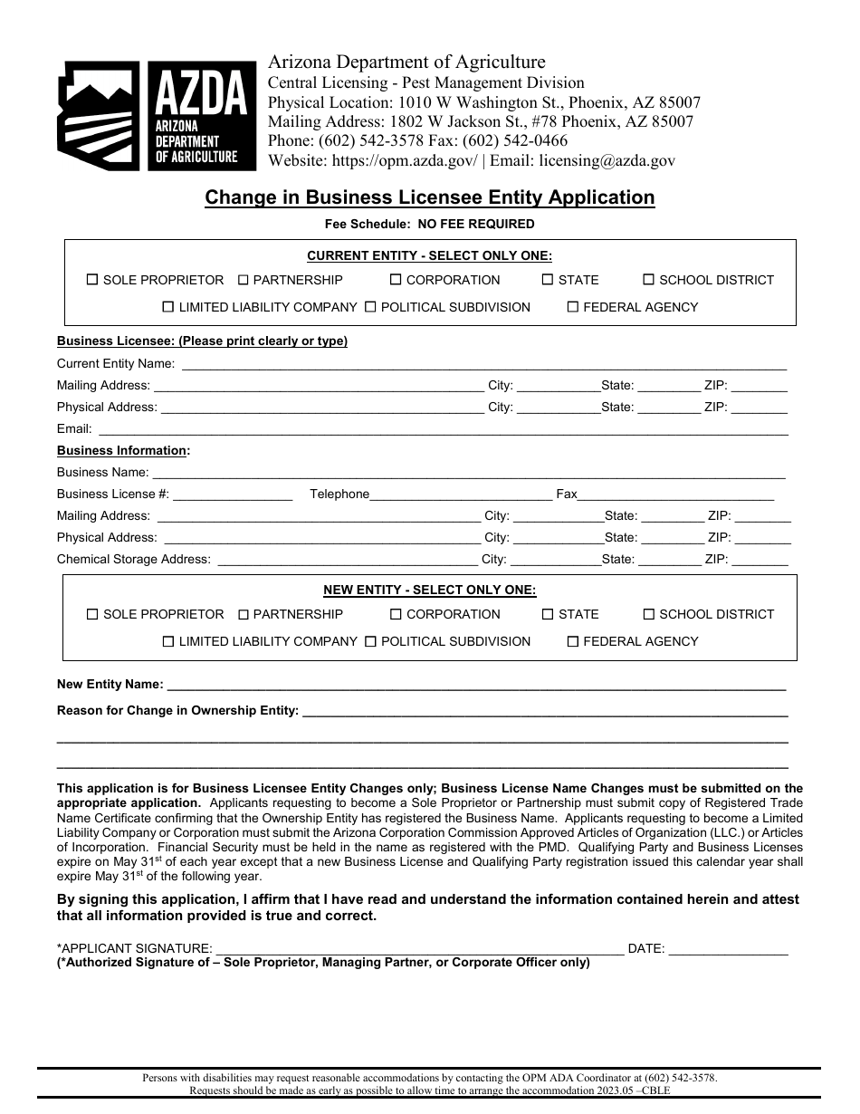 Change in Business Licensee Entity Application - Arizona, Page 1