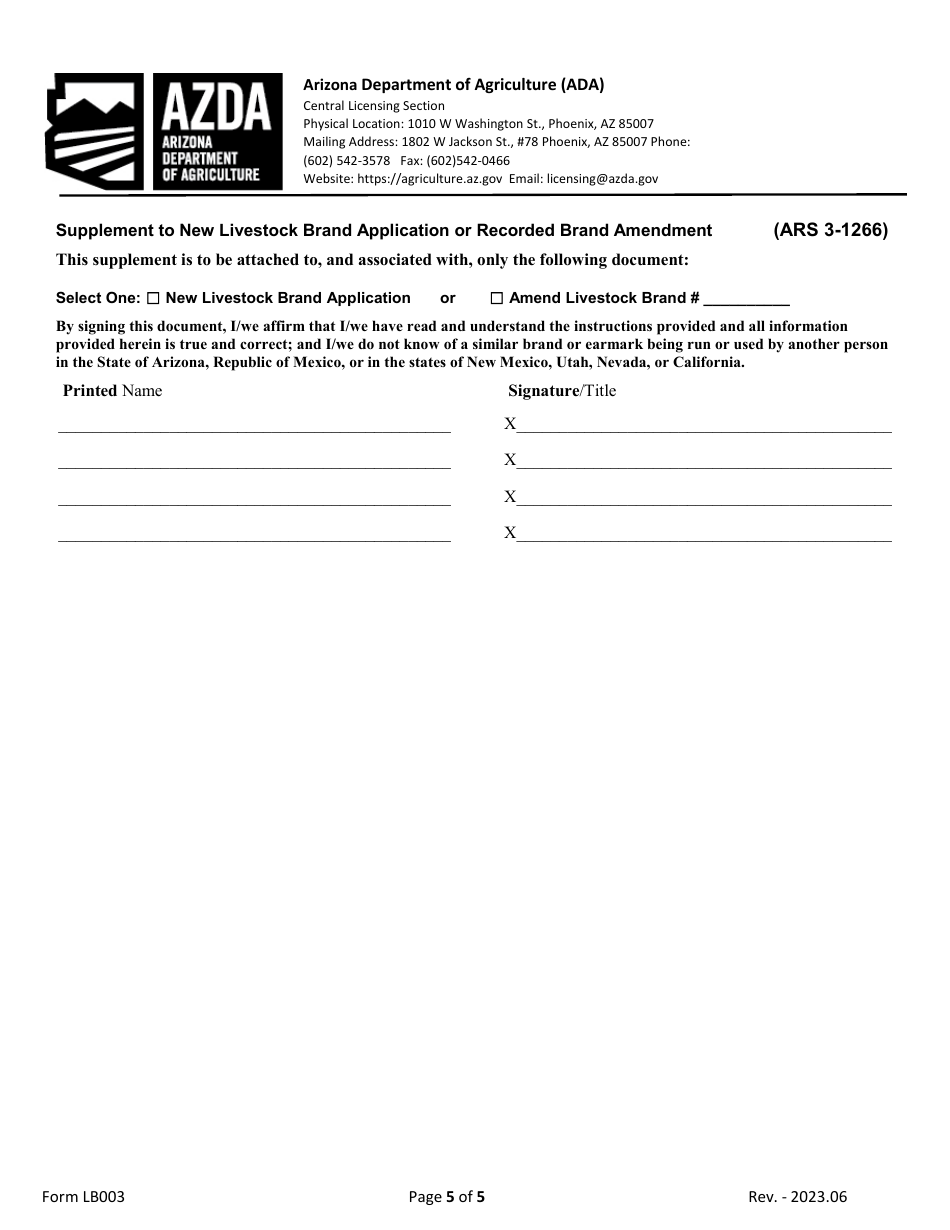 Form LB003 New Livestock Brand Application or Amendment of Recorded Brand - Arizona, Page 5
