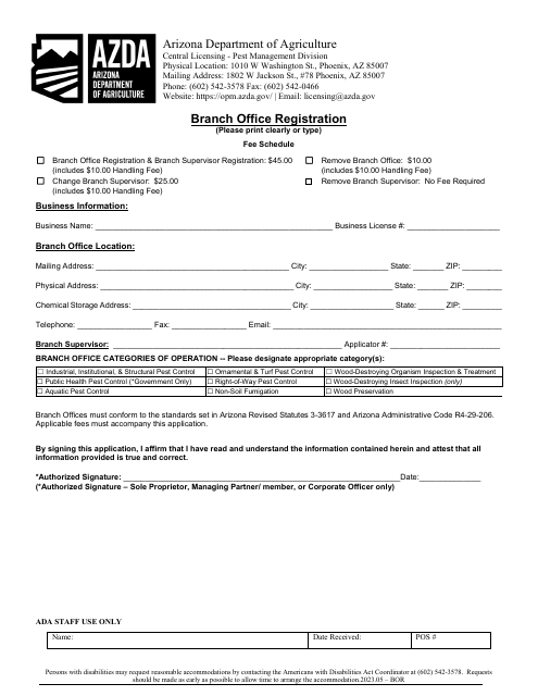 Branch Office Registration - Arizona Download Pdf