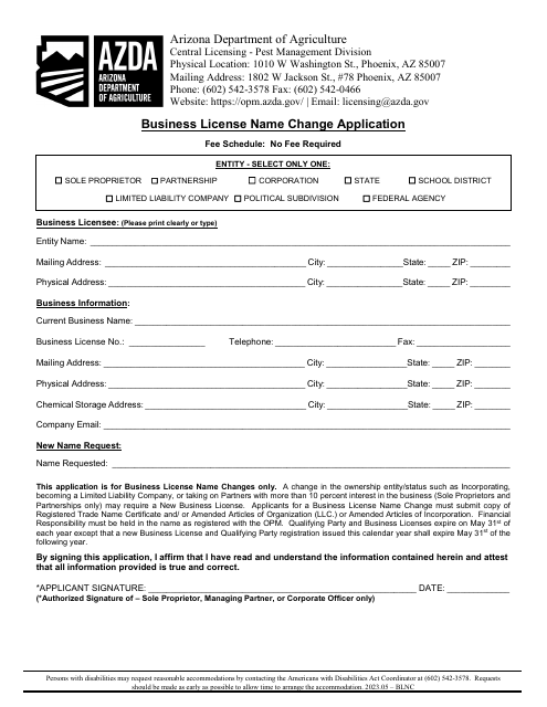 Business License Name Change Application - Arizona