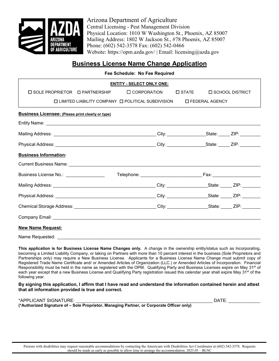 Business License Name Change Application - Arizona, Page 1