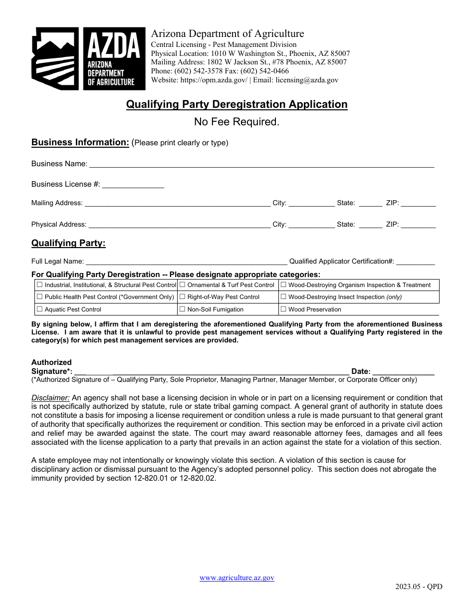Qualifying Party Deregistration Application - Arizona, Page 1