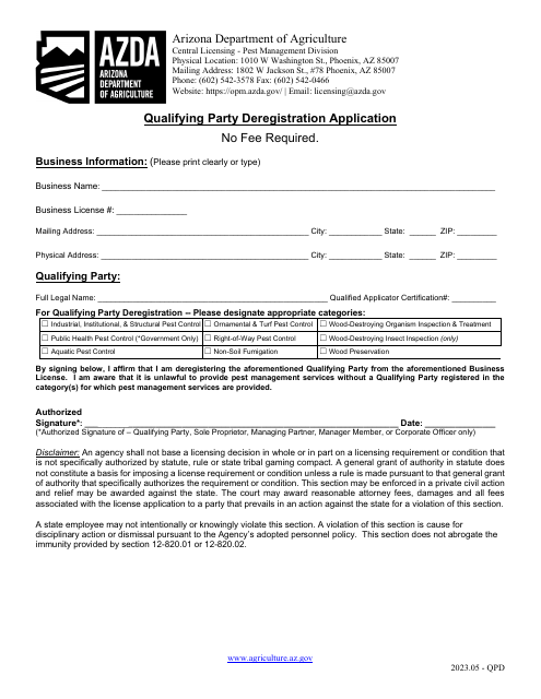 Qualifying Party Deregistration Application - Arizona