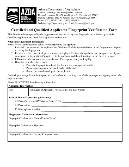Certified and Qualified Applicator Fingerprint Verification Form - Arizona Download Pdf
