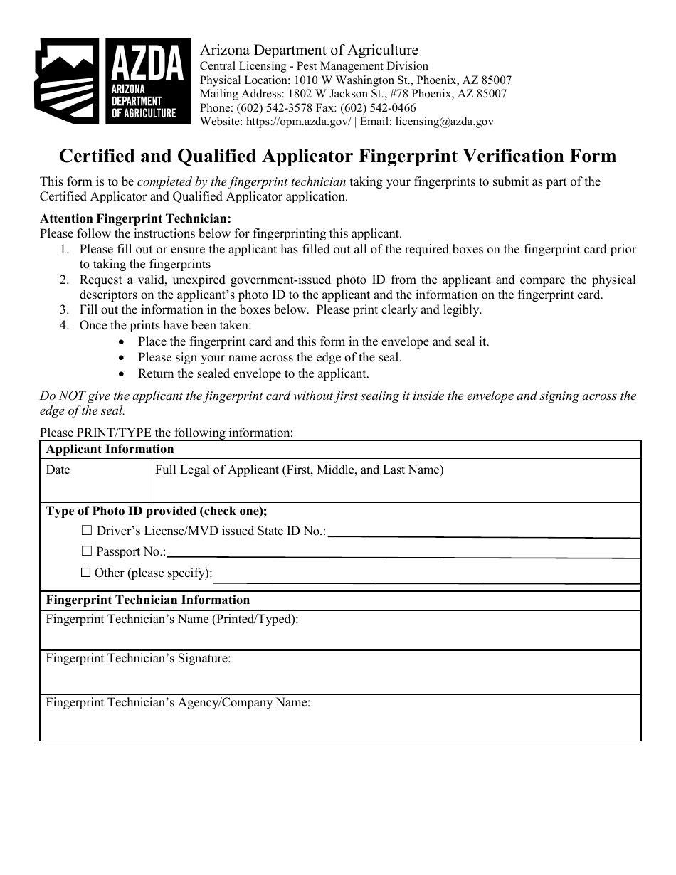 Certified and Qualified Applicator Fingerprint Verification Form - Arizona, Page 1