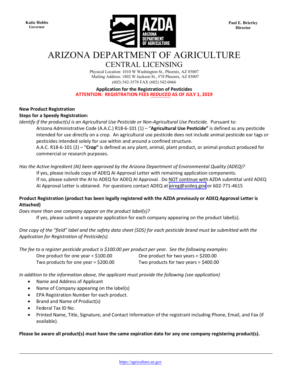 Application for the Registration of Pesticides - Arizona, Page 1