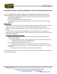 Document preview: Initial Certification/License/Permit/Registration Fee Waiver Request Form - Arizona