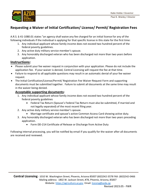 Initial Certification/License/Permit/Registration Fee Waiver Request Form - Arizona