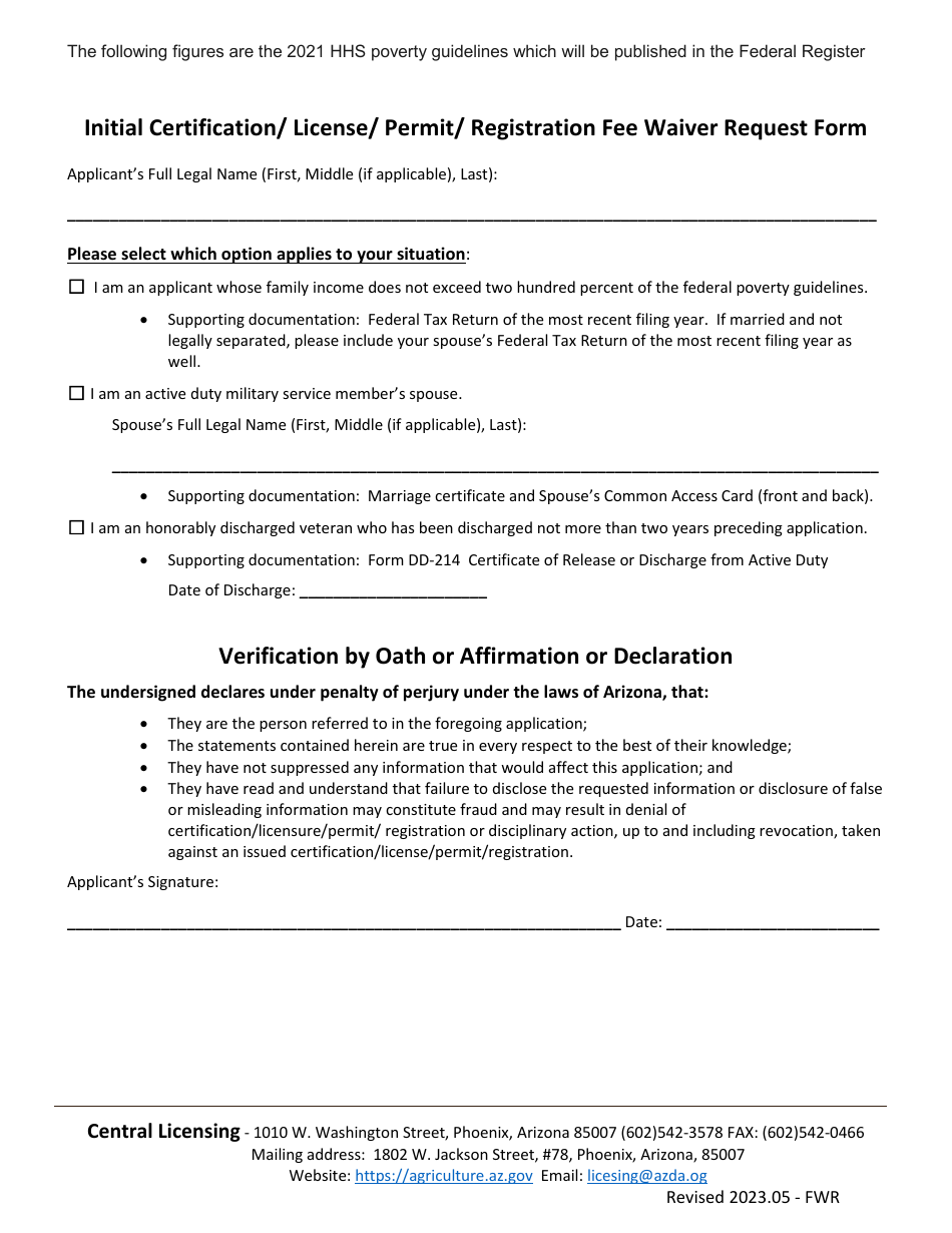 Initial Certification / License / Permit / Registration Fee Waiver Request Form - Arizona, Page 3