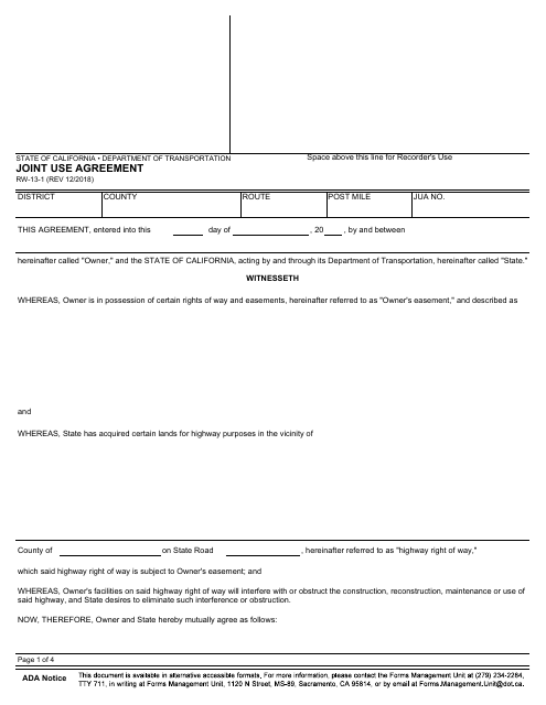 Form RW-13-1 Joint Use Agreement - California